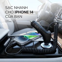 Tẩu sạc ô tô AVO liền cáp Lightning - C48 có MFI, dây lò xò sạc cho iPhone 14…