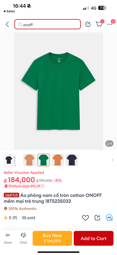 Áo phông nam màu xanh lá - cổ tròn cotton ONOFF mềm mại trẻ trung 18TS23S033 - Ảnh 4