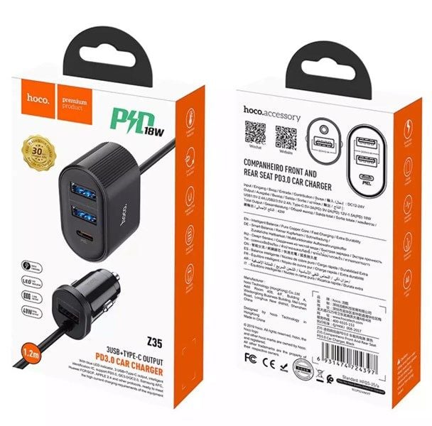 Tẩu Sạc Điện Thoại Trên Xe Hơi kèm đầu sạc phụ nối dài Hoco Z35 PD&QC 3.0