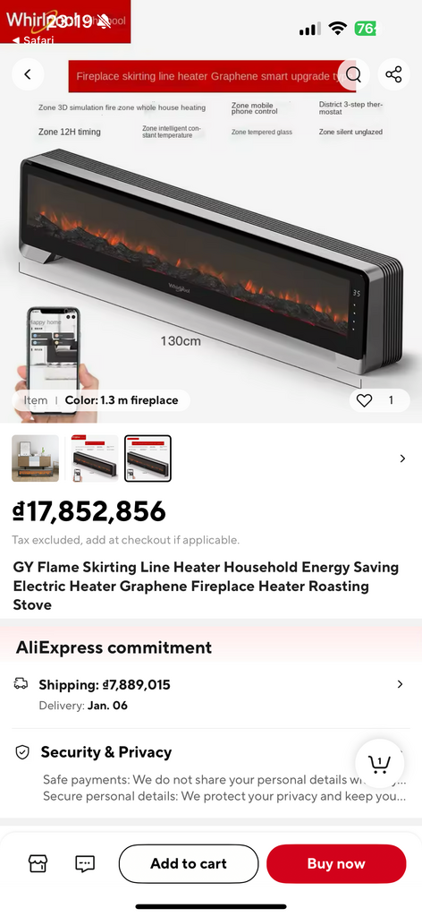 Máy sưởi Whirlpool (Mỹ), công nghệ sưởi Graphene, màn hình than củi, dài 1.3m, 2200W - Ảnh 2