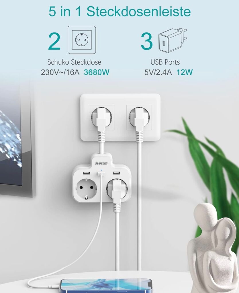 Ổ điện đa năng 3680W hãng SUDEERY WPG-EU016 ( Đức ), có 2 cổng 220V + 2 cổng USB-A - màu trắng/ đen - Ảnh 7