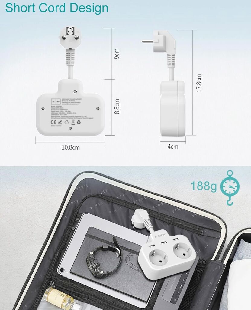 Ổ điện đa năng 3680W hãng SUDEERY WPG-EU016 ( Đức ), có 2 cổng 220V + 2 cổng USB-A - màu trắng/ đen - Ảnh 3