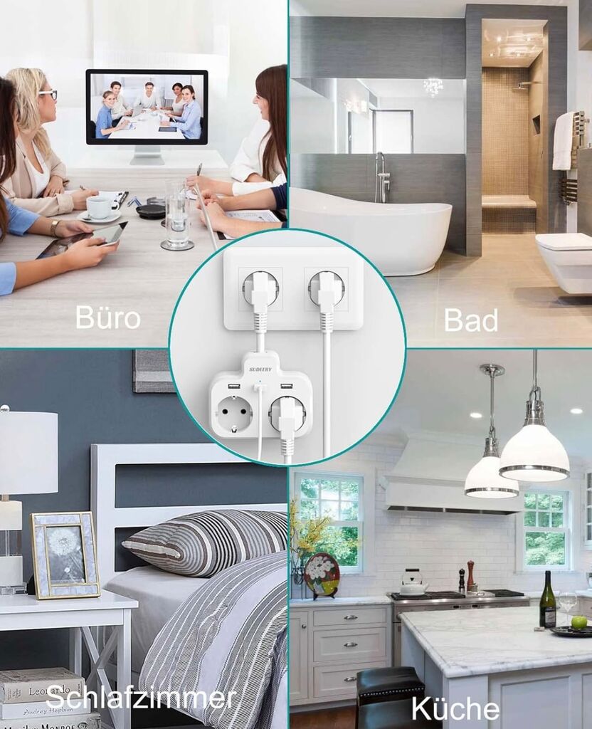 Ổ điện đa năng 3680W hãng SUDEERY WPG-EU016 ( Đức ), có 2 cổng 220V + 2 cổng USB-A - màu trắng/ đen - Ảnh 2