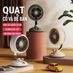 Quạt bàn tích điện D5J phong cách Retro cổ điển, tích hợp đèn, có túp năng xoay