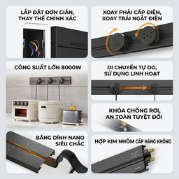 Ổ điện ray gắn tường công suất cao 8000W hãng TESSAN , dài 60cm, với 3 ổ cắm d…
