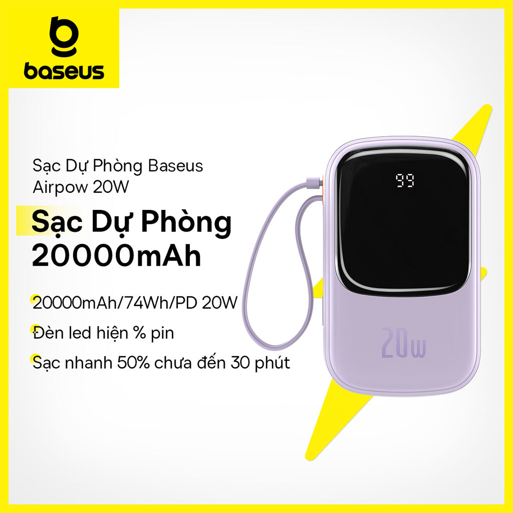 Pin Dự Phòng Baseus Airpow 20.000mAh sạc nhanh 20W liền dây cáp Lightning