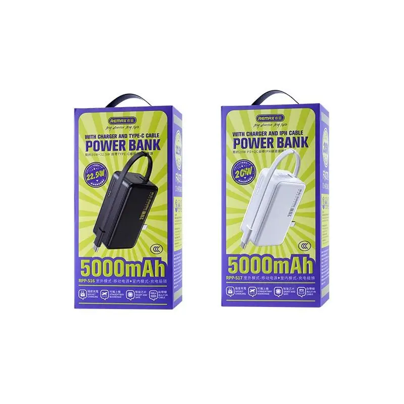 Pin dự phòng REMAX 5000mAh tích hợp củ sạc nhanh 22.5w – liền cáp, chân cắm 220v