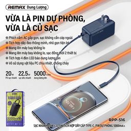 Pin dự phòng REMAX 5000mAh tích hợp củ sạc nhanh 22.5w – liền cáp sạc, cắm trự…
