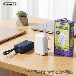 Pin dự phòng REMAX 5000mAh tích hợp củ sạc nhanh 22.5w – liền cáp sạc, cắm trự…