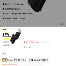 Pin dự phòng kiêm củ sạc 2 trong 1 chính hãng Baseus GaN3 87w 10000mAh