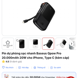 Pin dự phòng 20.000mAh Baseus Qpow Pro sạc nhanh 20W - liền cáp Lightning iPho…