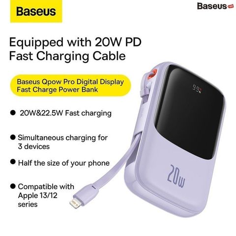 Pin dự phòng 20.000mAh Baseus Qpow sạc nhanh - liền cáp Type C 22.5W và Lightning 20W (Túi) - Ảnh 3
