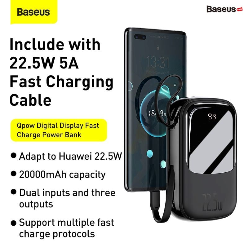 Pin dự phòng 20.000mAh Baseus Qpow sạc nhanh - liền cáp Type C 22.5W và Lightning 20W (Túi)