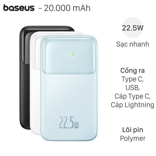 Pin dự phòng Baseus 20.000mAh sạc nhanh 22,5W liền cáp Type C và Lightning - PPMD20