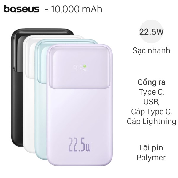 Pin dự phòng Baseus 10.000mAh sạc nhanh 22,5W liền 2 cáp - PPMD10 (C + C) hoặc (C + L)