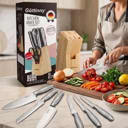 Bộ dao bếp 8 món hãng GÖTTINNY, kèm đế dao bằng gỗ
