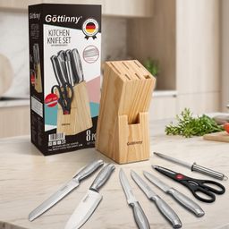Bộ dao bếp 8 món hãng GÖTTINNY, kèm đế dao bằng gỗ