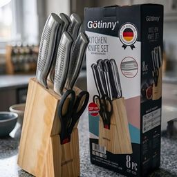 Bộ dao bếp 8 món hãng GÖTTINNY, kèm đế dao bằng gỗ