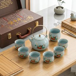 {Order giao 30/4} Bộ Ấm Trà Sứ Men Ngọc Băng Rạn - Họa Tiết Quả Hồng "Sự Sự Như Ý" - Kèm Hộp Quà