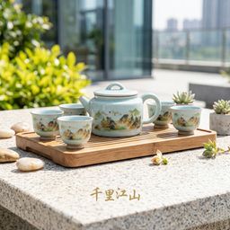 {Order giao 30/4} Bộ ấm chén trà sứ men rạn băng diệp "Thiên Lý Giang Sơn", kèm hộp quà