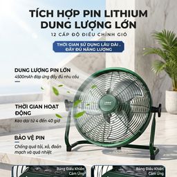 Quạt Sàn Tích Điện EDKM, lồng kim loại, 12 tốc độ gió, pin 4500mAh