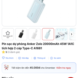 Pin dự phòng 20.000mAh sạc nhanh 45w kèm 2 cáp Type-C chưa in logo, ko hộp ( n…