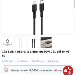 Cáp sạc nhanh iPhone dây dù Belkin C to L, có MFI, độ dài 1M ( ko hộp )
