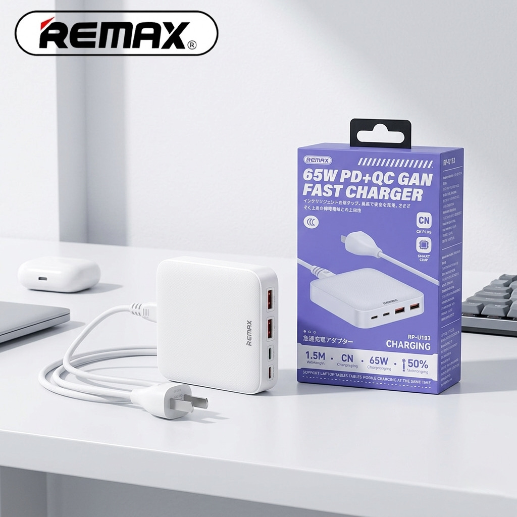 {Order giao 25/5} Trạm sạc nhanh 65W Remax RP-U183 công nghệ GaN, 2C + 2A , dây nguồn dài 1.5m