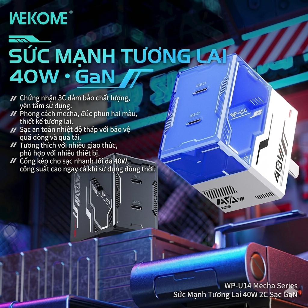 {Order giao 25/5} Củ sạc nhanh 40W WEKOME WP-U14, 2 cổng C, công nghệ GaN ( ko hộp )