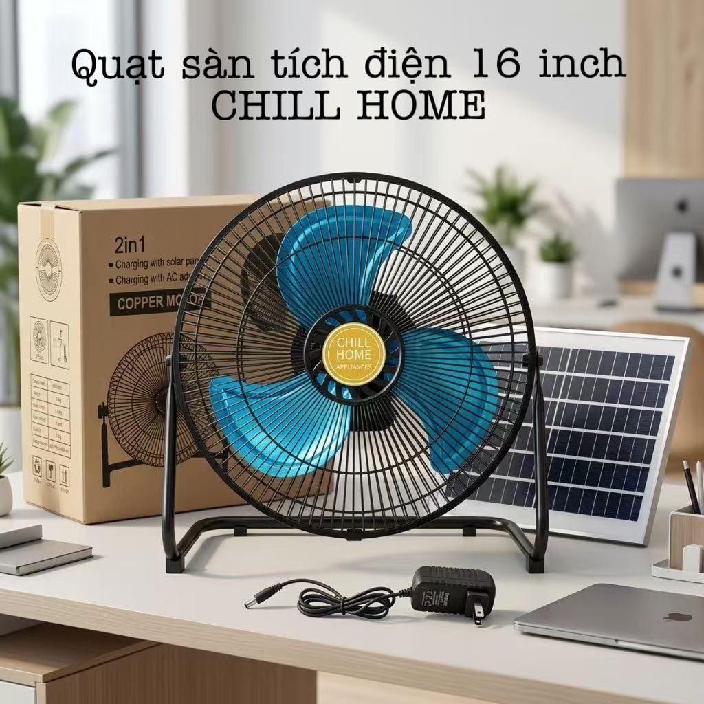 {Order giao 25/5} Quạt sàn tích điện CHILL HOME, pin 4800mAh, kèm panel NLMT, lồng & cánh kim loại