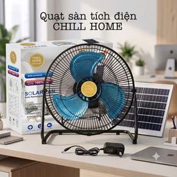 Quạt sàn tích điện CHILL HOME, pin 4800mAh, kèm panel NLMT, lồng & cánh kim loại