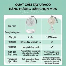 Quạt tích điện URINGO, chống muỗi, có đèn,Pin 10000mAh sạc được điện thoại