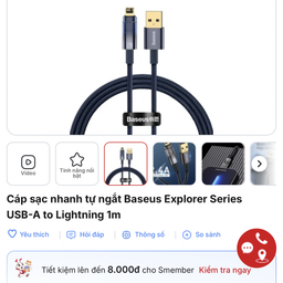 Cáp sạc tự ngắt Baseus Explorer Series USB-A to Lightning 1m