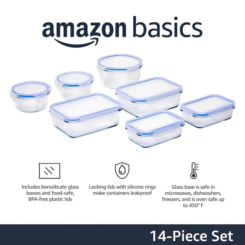 {Order giao 10/7} Bộ hộp thuỷ tinh đựng thực phẩm 14 món Amazon Basics ( Mỹ ), siêu chịu nhiệt