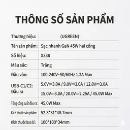 Củ sạc nhanh 45W UGREEN 2 cổng USB-C GaN / X338 (không hộp)