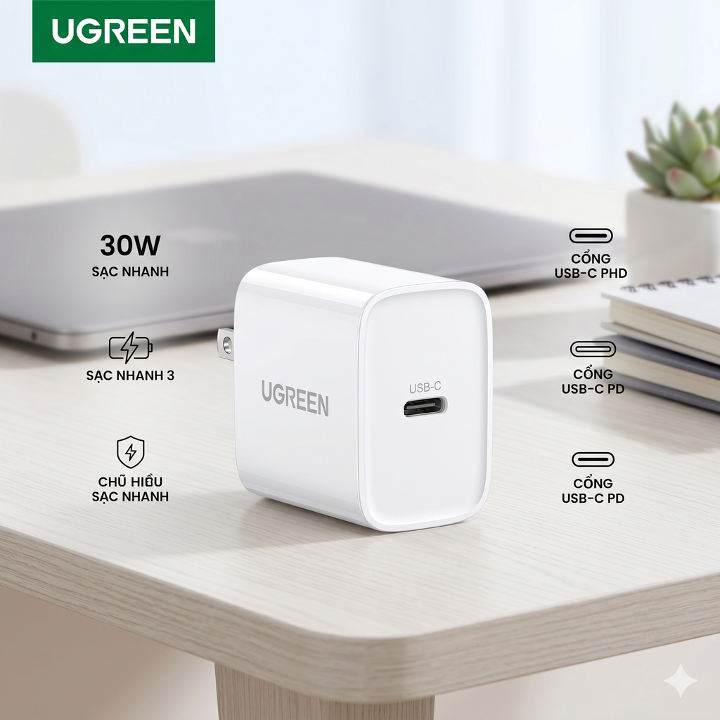 Củ sạc nhanh 30W cổng USB-C hãng UGREEN / CD127 (đóng túi)