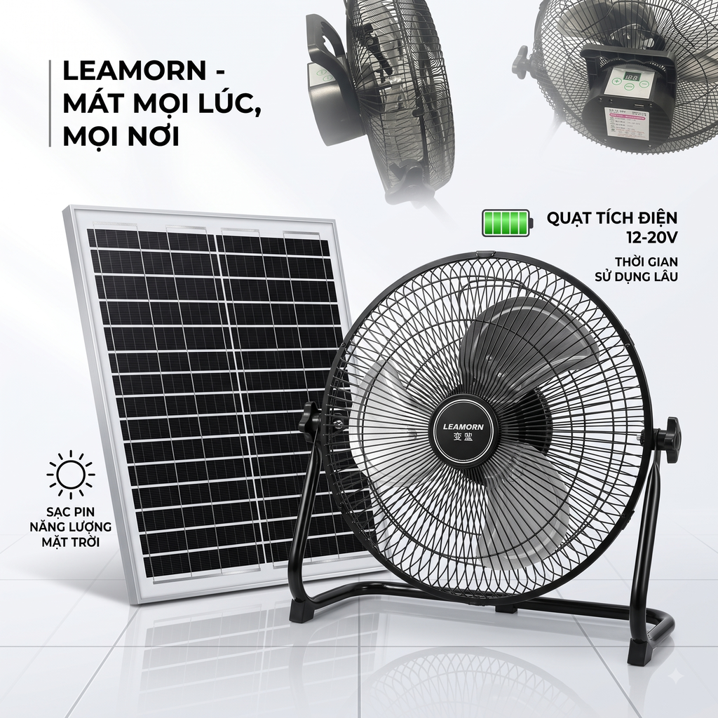 Quạt tích điện năng lượng mặt trời 12 inch LEAMORN / PD-108 thực tế Quạt tích điện năng lượng mặt trời 12 inch LEAMORN / PD-108 - Góc chụp chi tiết thực tế 5
