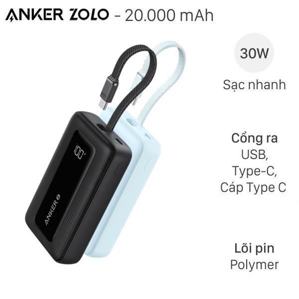 Pin sạc dự phòng Anker Zolo A1689 20000 mAh 30W (Built-in USB-C) - không hộp, xước nhẹ