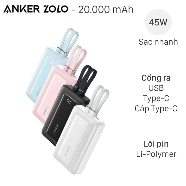 Pin Dự Phòng Anker Zolo 20000 45W - A110M (Tích hợp 2 Cáp TypeC) - không hộp, xước nhẹ