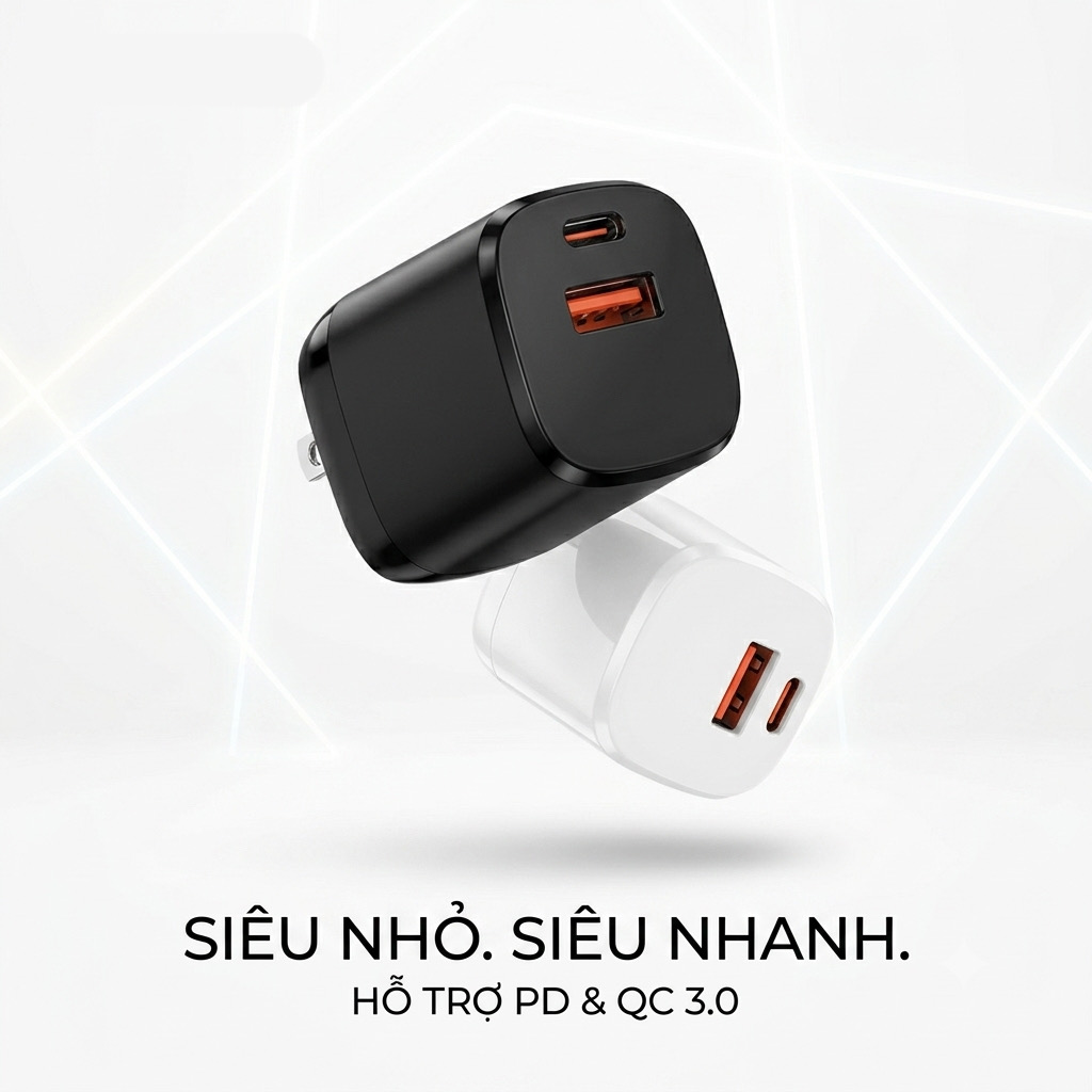 Củ sạc nhanh 20w, công nghệ GaN, 2 cổng sạc A & C , chân gập XM008 ( ko hộp )