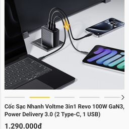 Củ sạc nhanh 100W VOLTME REVO 100W GaN 3, 2 cổng C + 1 cổng A ( chân tròn )