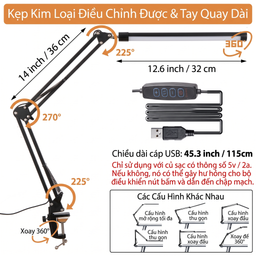 Đèn đọc sách kẹp bàn cao cấp LONGTOO T09, khung hợp kim, đèn Led tiết kiệm điện.