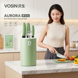 Bộ dao nhà bếp 6 món VOSIN AURORA, kèm dock, có dao chặt thái bản lớn