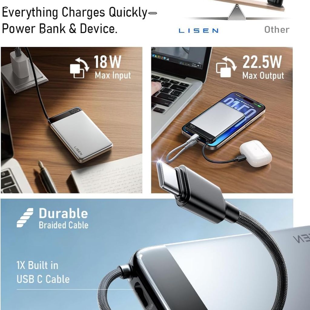 Pin dự phòng 10.000mAh hãng LISEN - P301 sạc nhanh 22.5w, siêu mỏng, liền cáp Type- thực tế Pin dự phòng 10.000mAh hãng LISEN - P301 sạc nhanh 22.5w, siêu mỏng, liền cáp Type- - Góc chụp chi tiết thực tế 11