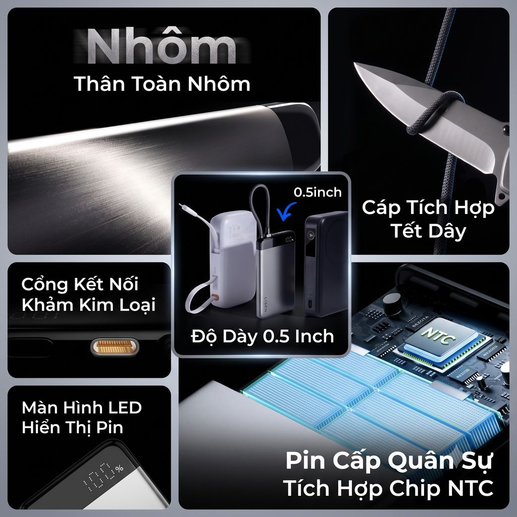 Pin dự phòng 10.000mAh hãng LISEN - P301 sạc nhanh 22.5w, siêu mỏng, liền cáp Type- thực tế Pin dự phòng 10.000mAh hãng LISEN - P301 sạc nhanh 22.5w, siêu mỏng, liền cáp Type- - Góc chụp chi tiết thực tế 7