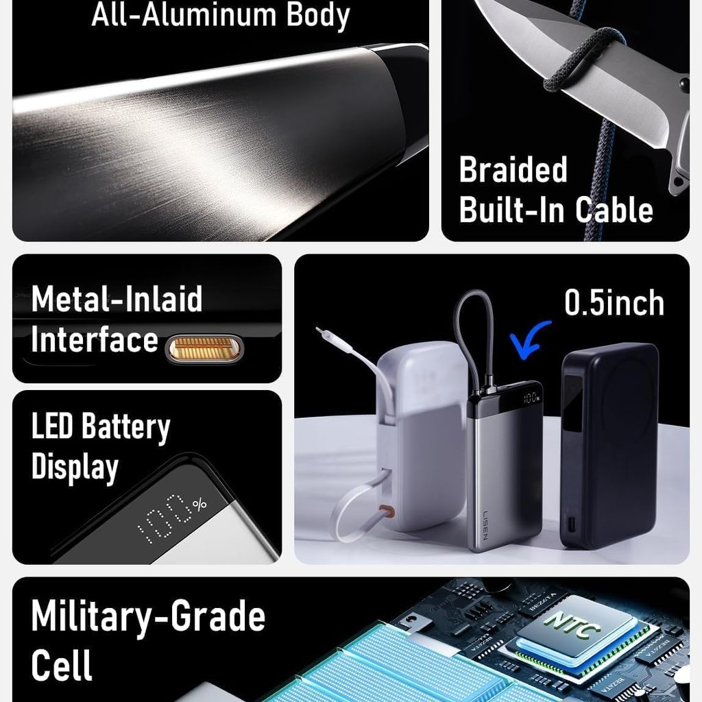Pin dự phòng 10.000mAh hãng LISEN - P301 sạc nhanh 22.5w, siêu mỏng, liền cáp Type- thực tế Pin dự phòng 10.000mAh hãng LISEN - P301 sạc nhanh 22.5w, siêu mỏng, liền cáp Type- - Góc chụp chi tiết thực tế 15
