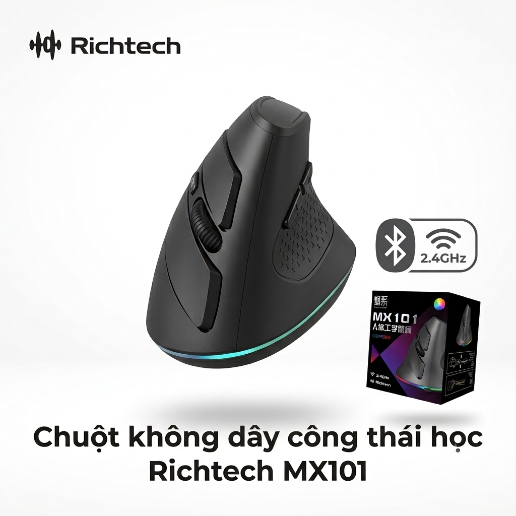 Chuột Bluetooth công thái học RICHTECH - MX101 , chuột yên lặng, 3200 DPI, led RGD chính hãng Chuột Bluetooth công thái học RICHTECH - MX101 , chuột yên lặng, 3200 DPI, led RGD - Thiết kế ngoại quan thực tế chính hãng tại Hiếu Tạp Hóa