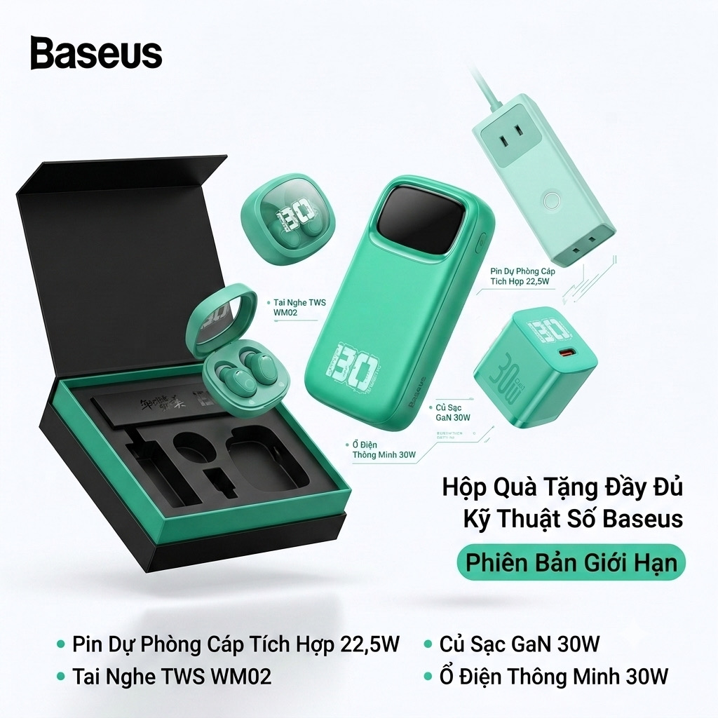 Bộ quà tặng Baseus Limited Edition gồm Pin dự phòng + sạc 30W + tai nghe + ổ điện chính hãng Bộ quà tặng Baseus Limited Edition gồm Pin dự phòng + sạc 30W + tai nghe + ổ điện - Thiết kế ngoại quan thực tế chính hãng tại Hiếu Tạp Hóa