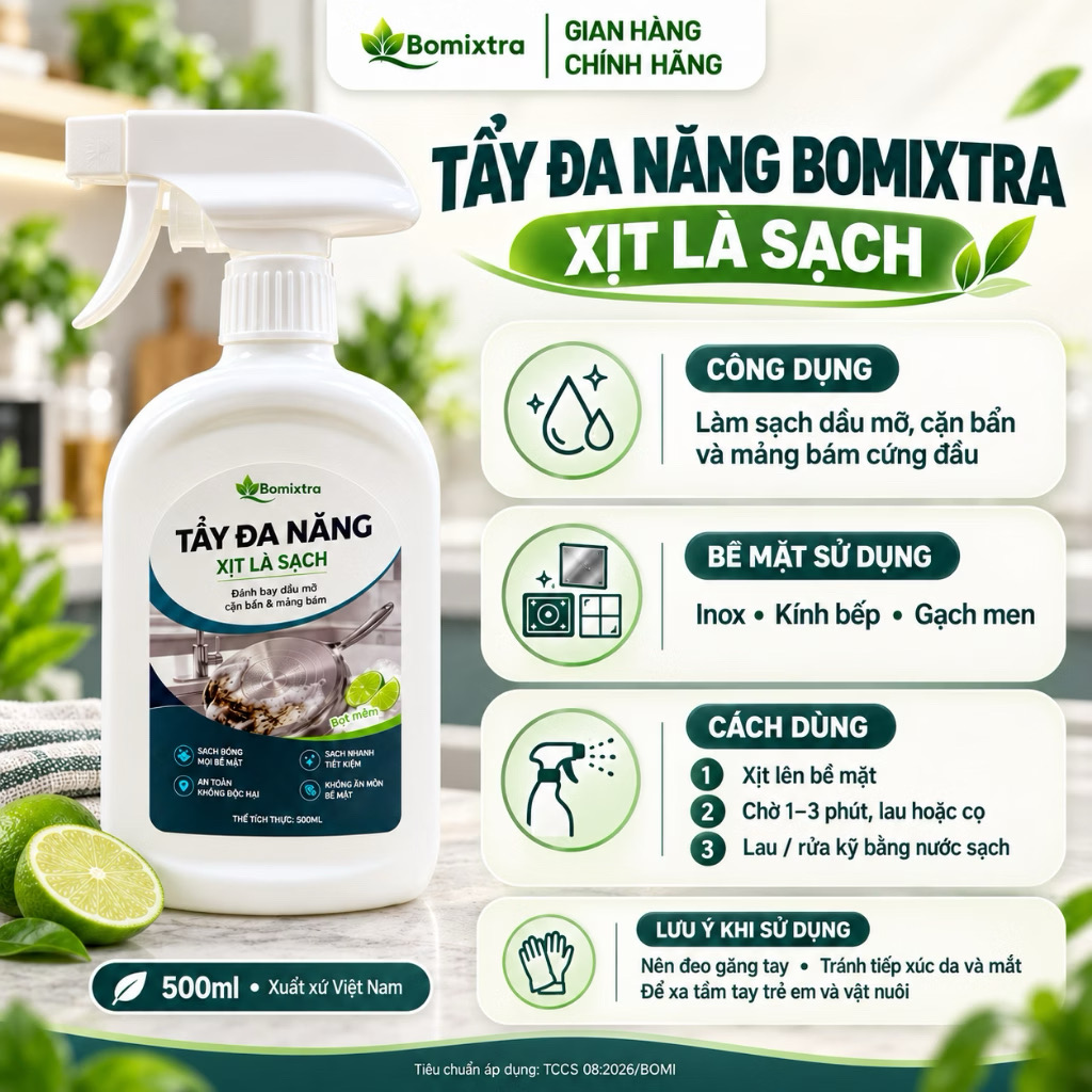 Tính năng Xịt Tẩy Đa Năng Bomixtra 500ml Kèm Hộp - Tẩy Rửa Dầu Mỡ Nhà Bếp, Inox & Gạch Men Chi tiết tính năng nổi bật và chất liệu bền bỉ của Xịt Tẩy Đa Năng Bomixtra 500ml Kèm Hộp - Tẩy Rửa Dầu Mỡ Nhà Bếp, Inox & Gạch Men