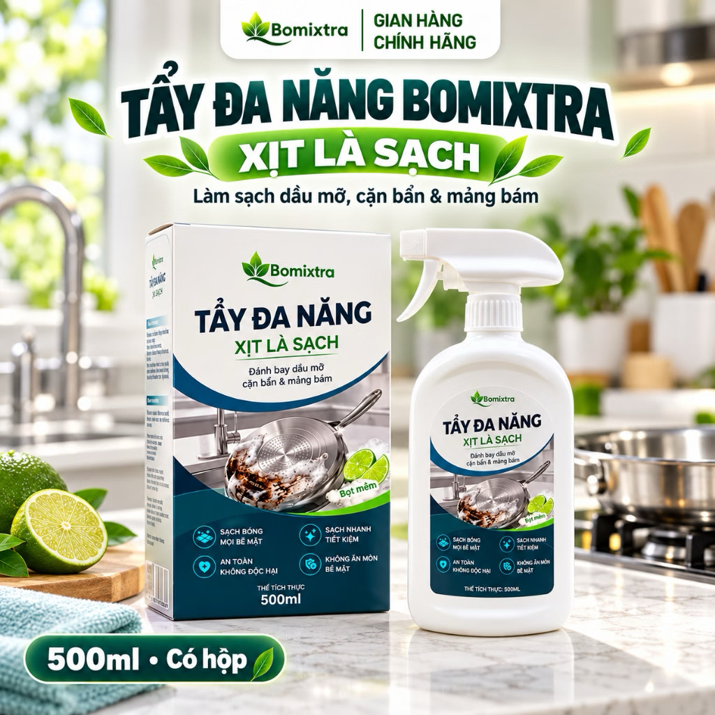 Cách sử dụng Xịt Tẩy Đa Năng Bomixtra 500ml Kèm Hộp - Tẩy Rửa Dầu Mỡ Nhà Bếp, Inox & Gạch Men Hướng dẫn thao tác sử dụng và trải nghiệm thực tế Xịt Tẩy Đa Năng Bomixtra 500ml Kèm Hộp - Tẩy Rửa Dầu Mỡ Nhà Bếp, Inox & Gạch Men